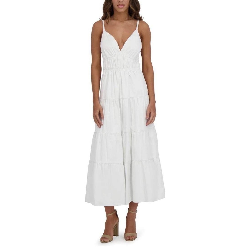 Siena Womens White Tiered Midi Dress V-Neck Cotton Blend Size 14 NEW SAUC2542